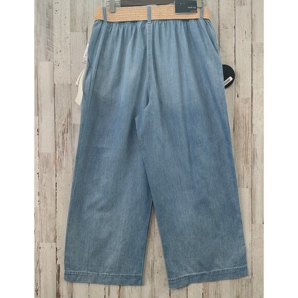 Chambray Denim Pants Medium Light Blue Belted Wide Leg Cropped Beachy Coastal - Picture 2 of 11